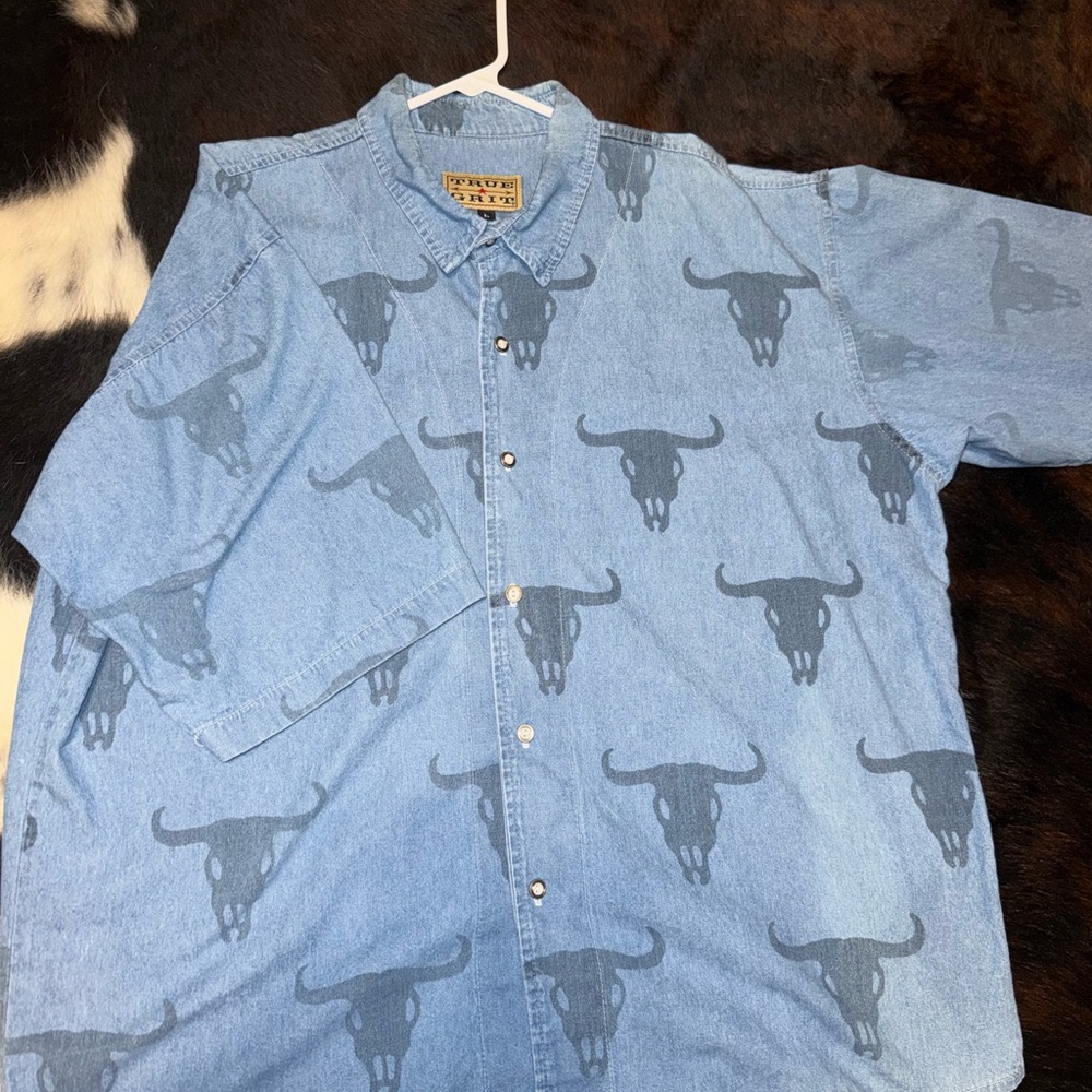 True Grit Blue Denim Shirt with Bull Pattern